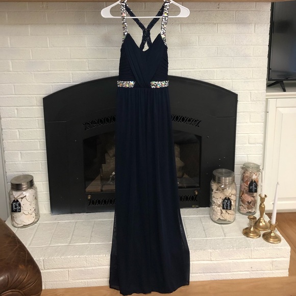 Navy Blue Prom dress with rhinestones. - Picture 2 of 6